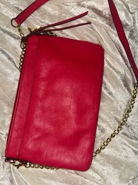 Fossil Red Leather Crossbody with Gold Chain Accent